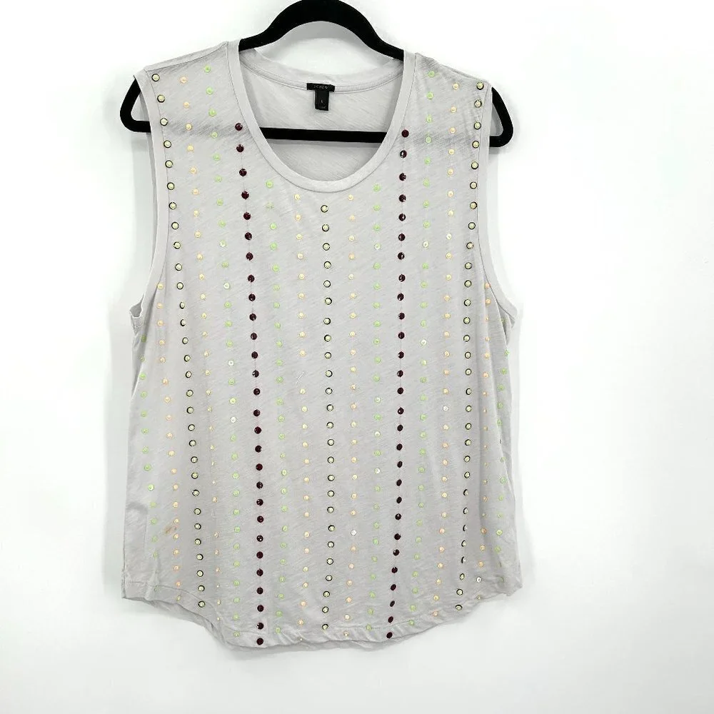 J. CREW *FLAWED* Light Gray Sequin Beaded Burnout Tank Top Shirt Size Large